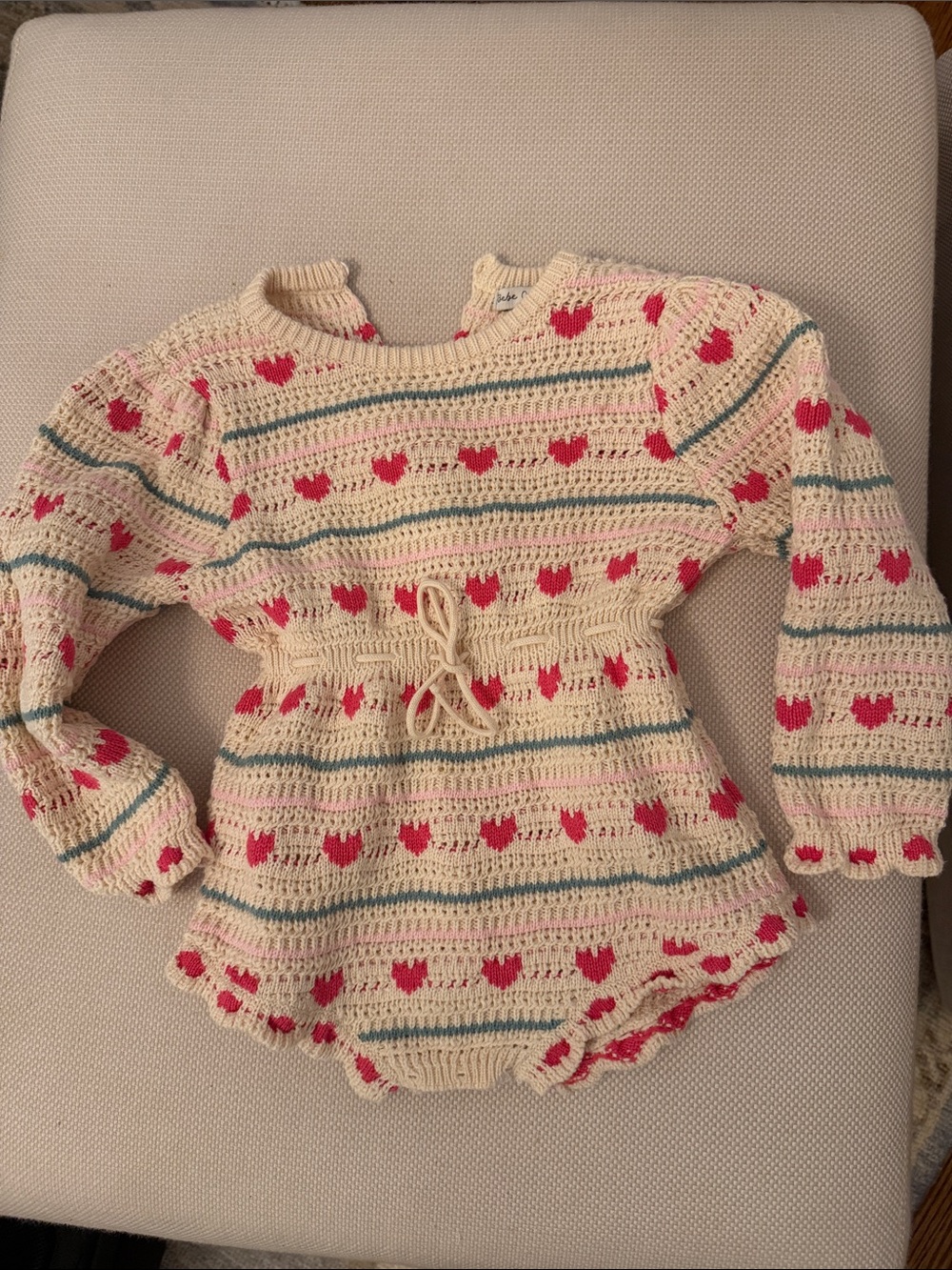 Cream Knit Heart-Striped One-Piece for Kids